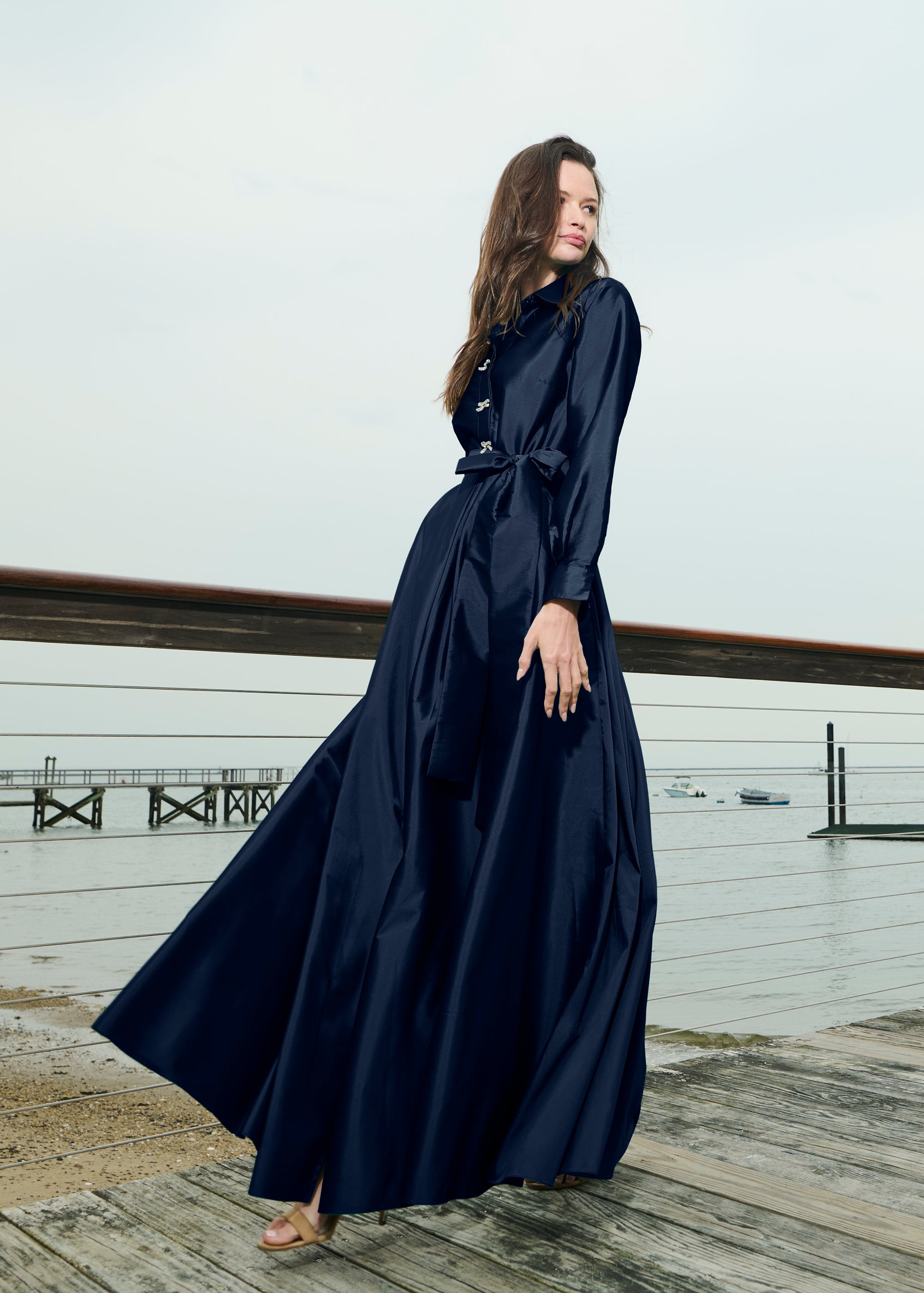 TAFFETA ALINE GOWN WITH CRYSTAL BUTTONS NAVY