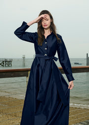 TAFFETA ALINE GOWN WITH CRYSTAL BUTTONS NAVY