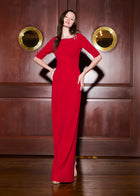 STRETCH CREPE JEWLED NECK COLUMN GOWN WITH CRYSTAL BOW RED