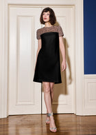 CRYSTAL ILLUSION STRETCH CREPE MINI DRESS BLACK