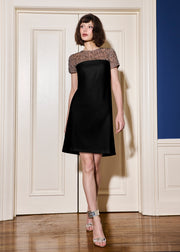 CRYSTAL ILLUSION STRETCH CREPE MINI DRESS BLACK
