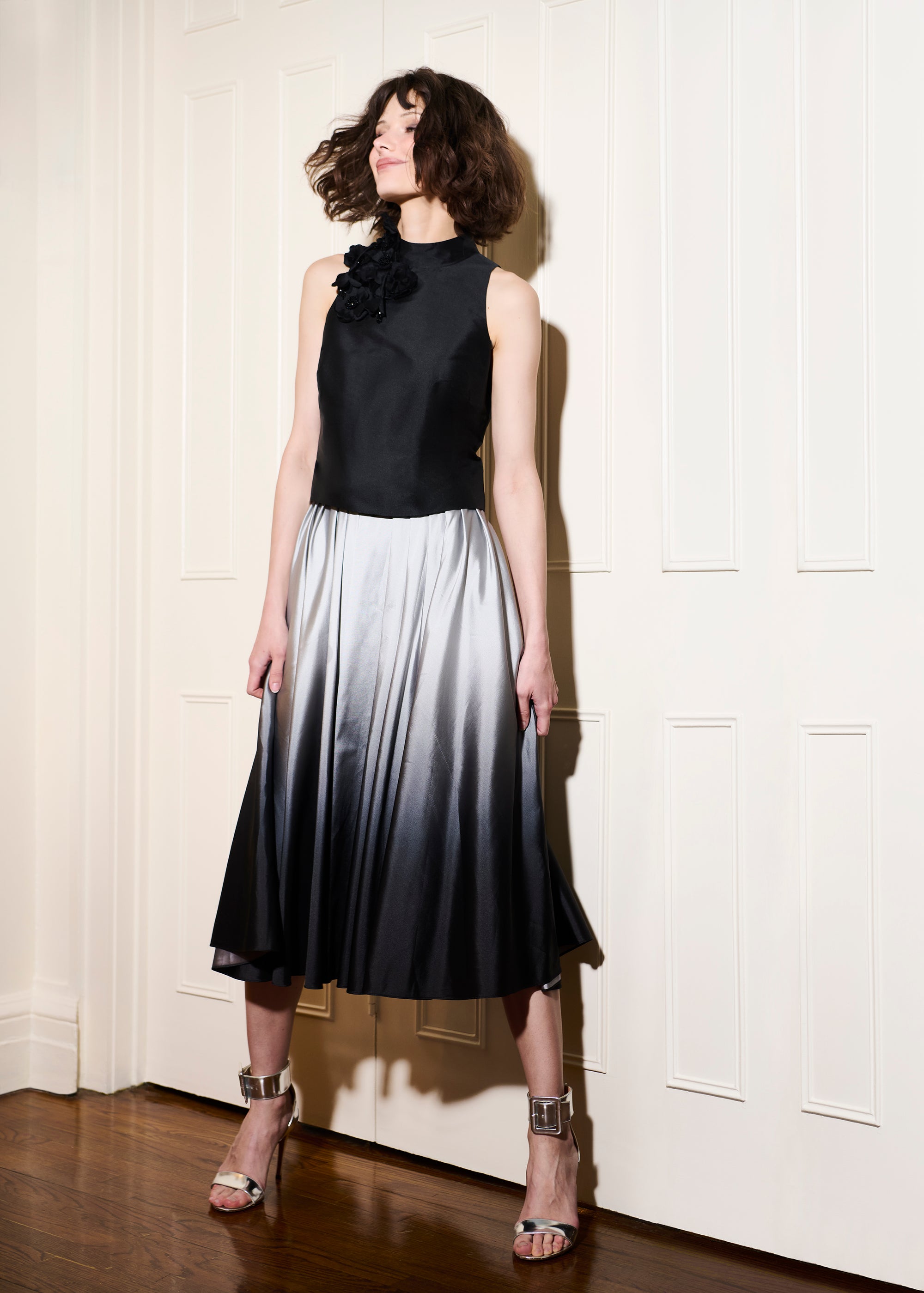 OMBRE TAFFETA PLEATED MIDI SKIRT SILVER/BLACK