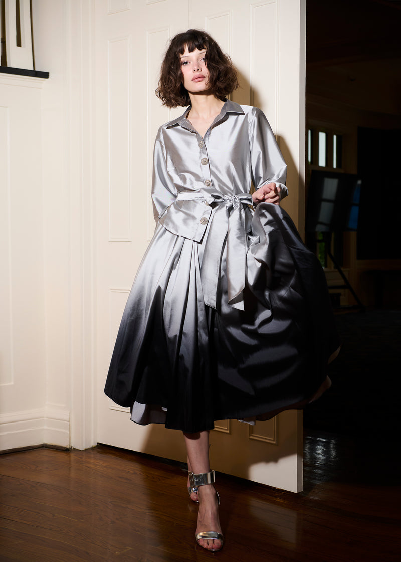 OMBRE TAFFETA PLEATED MIDI SKIRT SILVER/BLACK