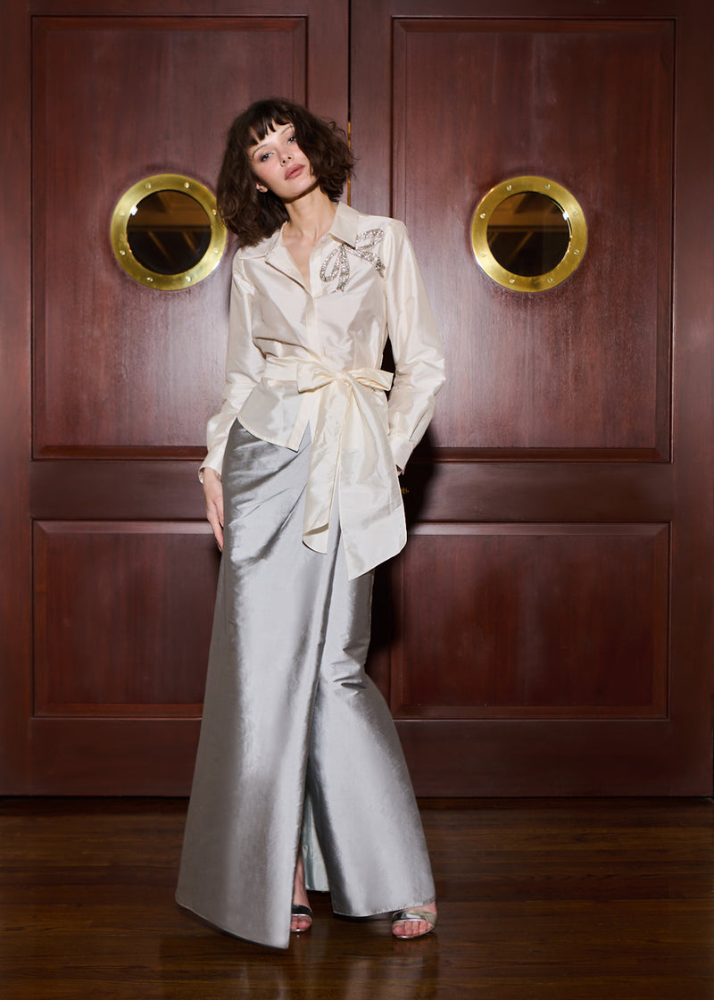 CRYSTAL BOW APPLIQUE BLOUSE IN SOFT TAFFETA IVORY