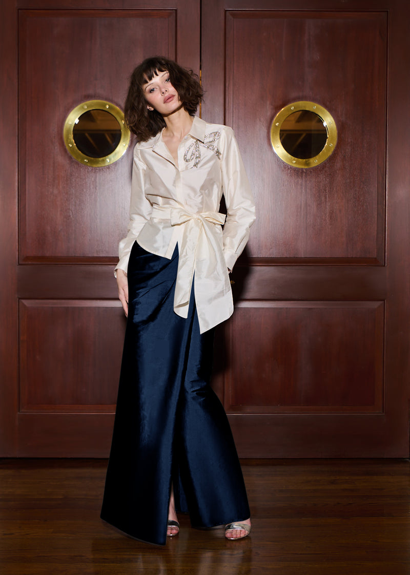 SOFT TAFFETA FAUX WRAP SKIRT NAVY