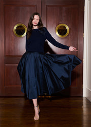 Cashmere Long Sleeve Sweater With Flowers- Navy