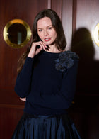 Cashmere Long Sleeve Sweater With Flowers- Navy