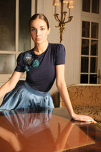 Load image into Gallery viewer, Puff Sleeve Jersey Top with Flower Broach
