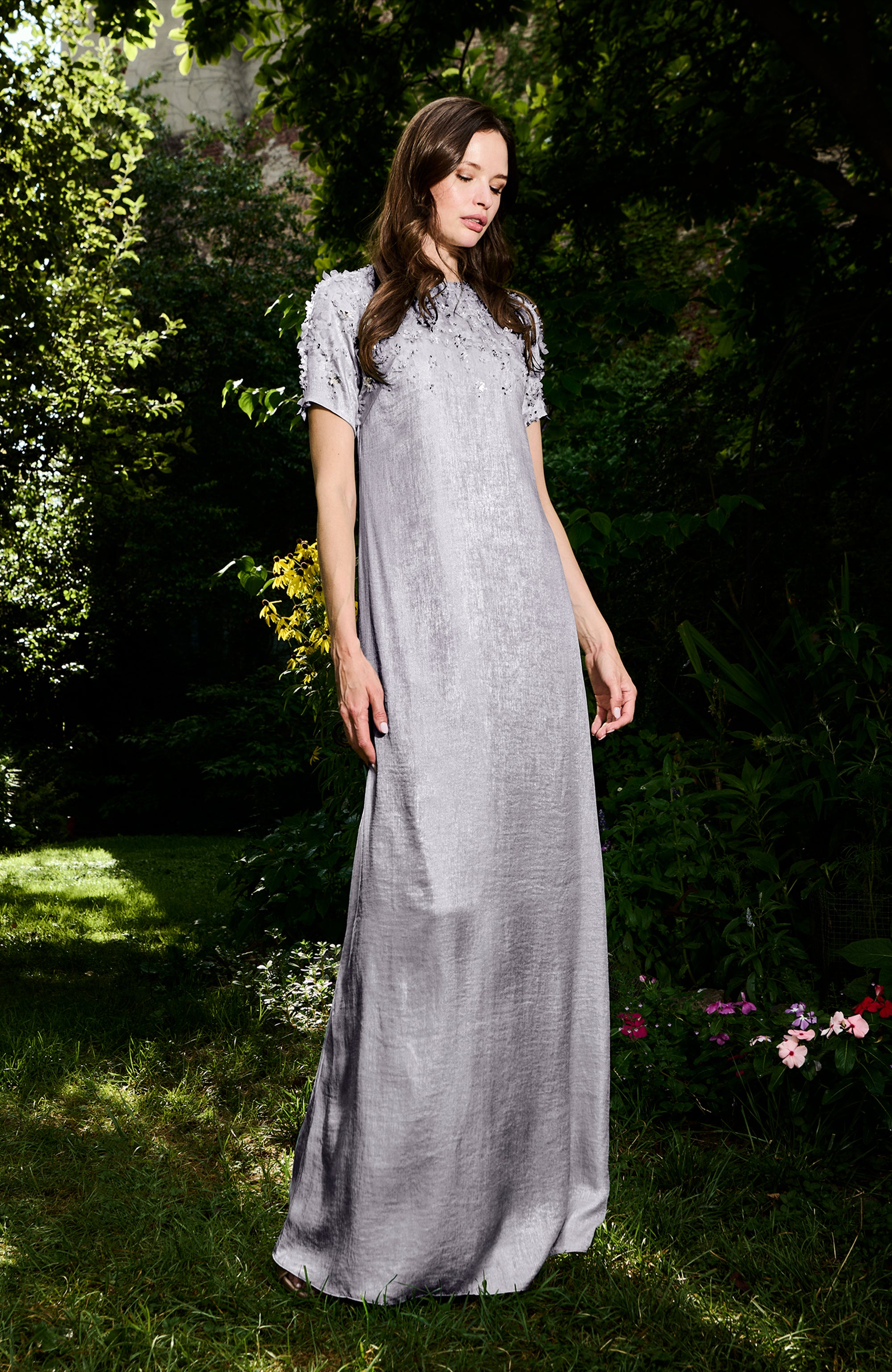 METALLIC CHIFFON DRESS WITH DELICATE ORGANZA FLOWERS