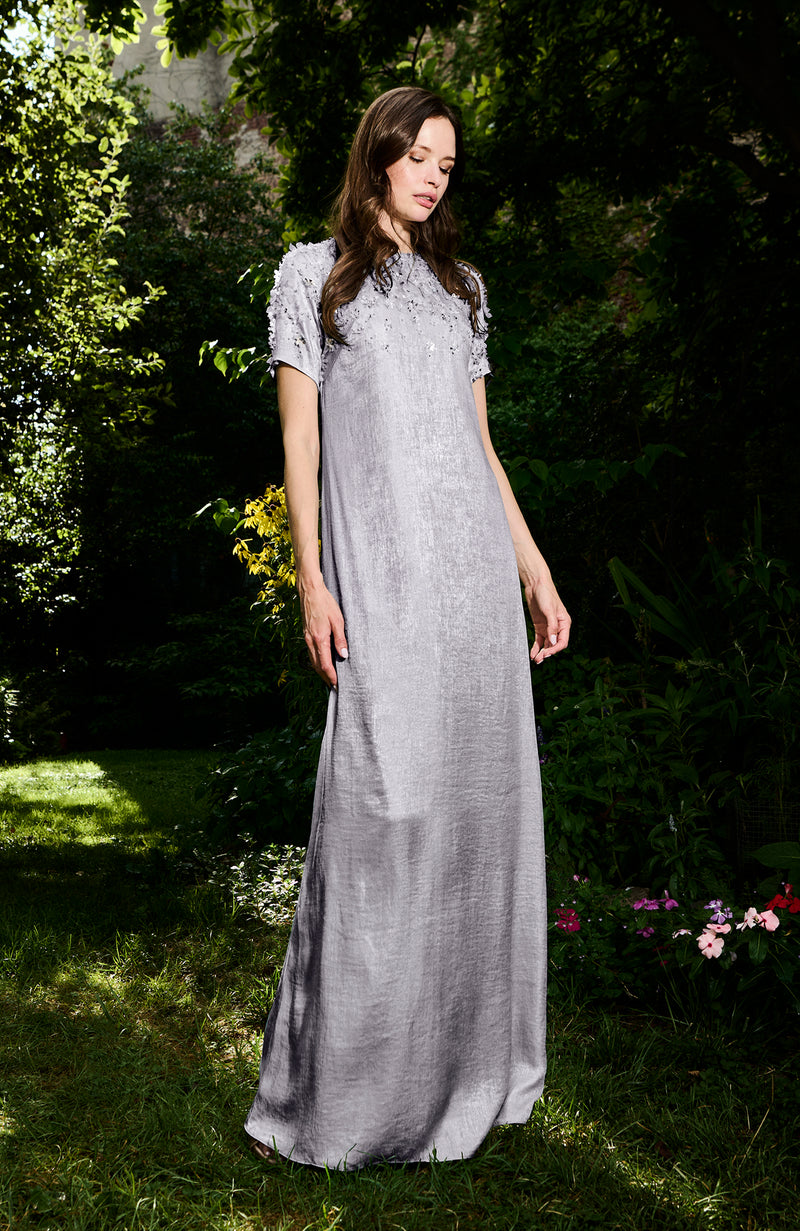 METALLIC CHIFFON DRESS WITH DELICATE ORGANZA FLOWERS