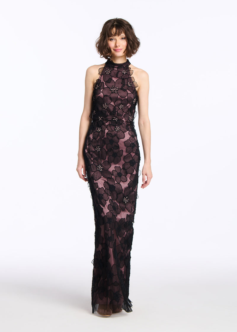 DELICATE FLOWER MOCK NECK GOWN