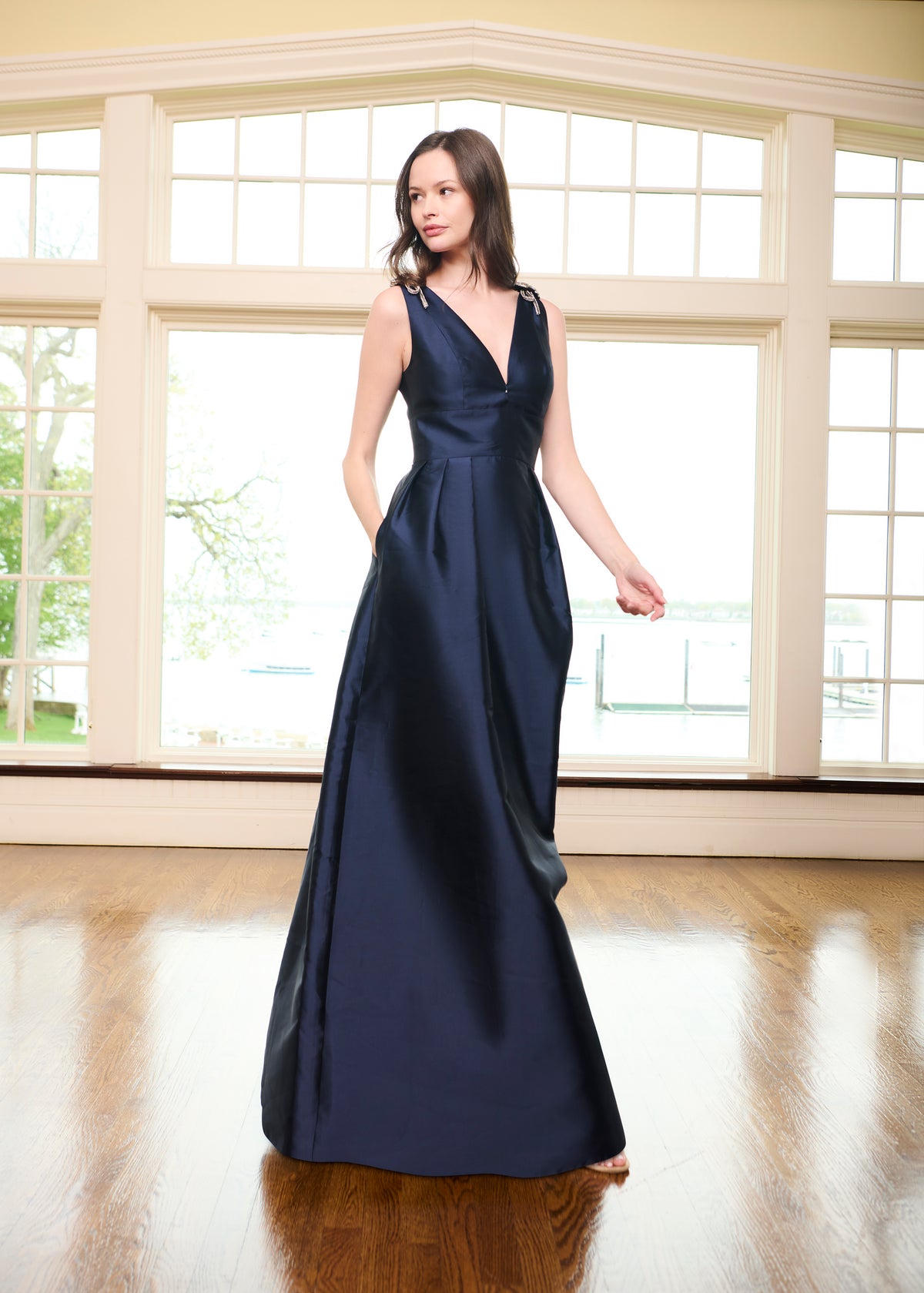 Faille Deep V Gown With Crystal Floral Bows