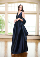 Faille Deep V Gown With Crystal Floral Bows