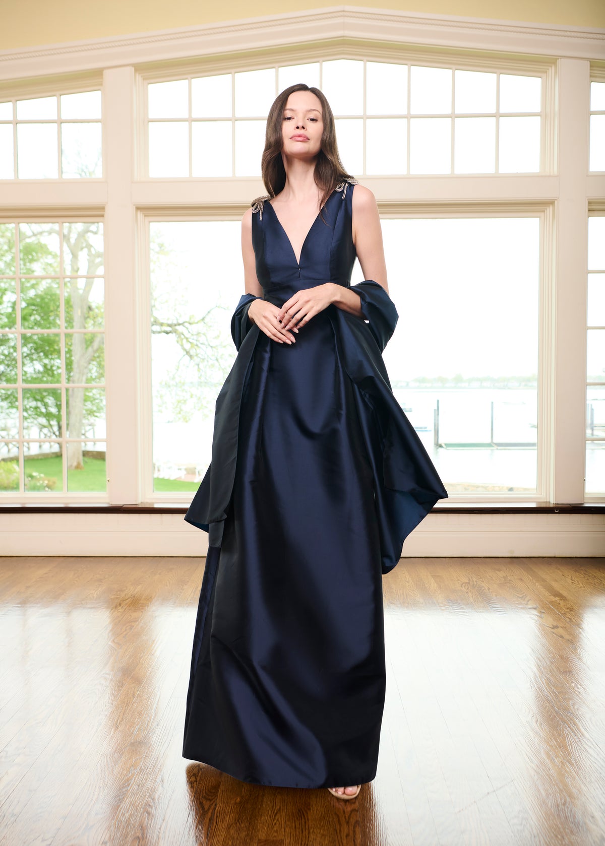 Faille Deep V Gown With Crystal Floral Bows