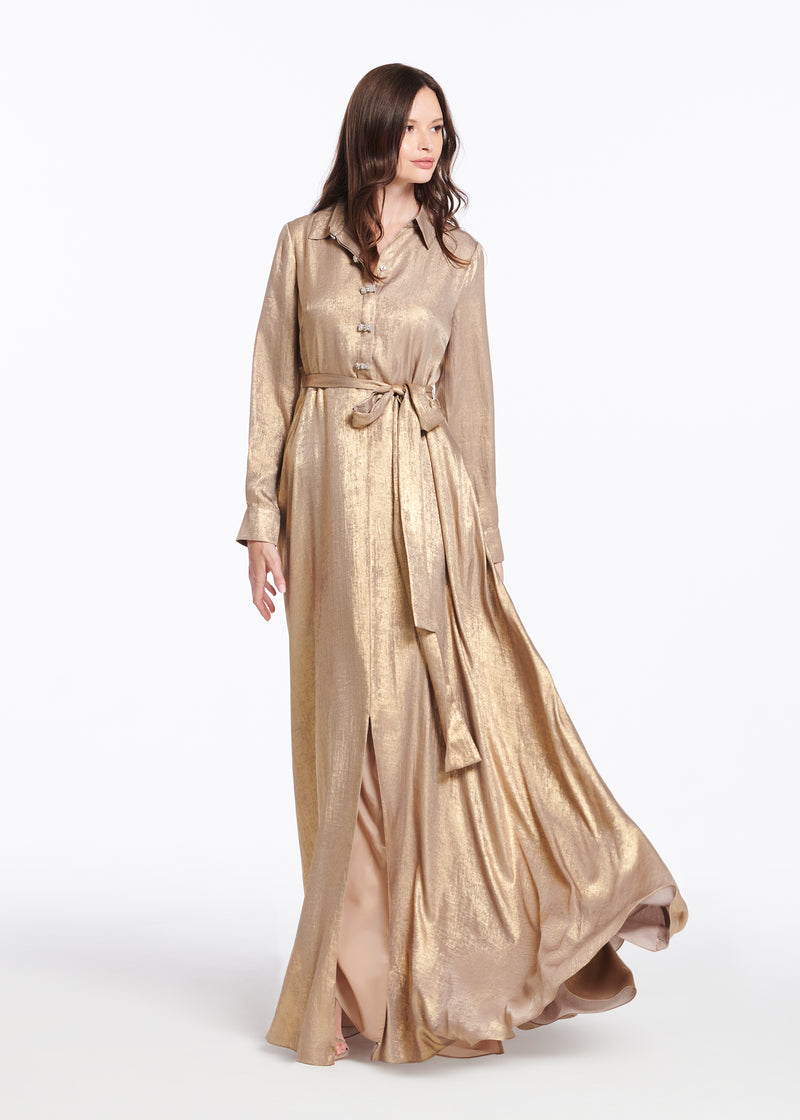 Gold Lamè Chiffon Gown With Crystal Buttons