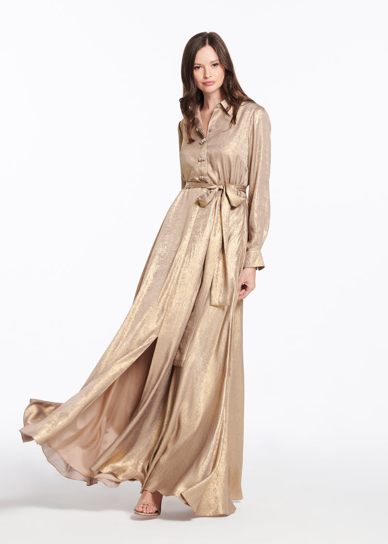 Gold Lamè Chiffon Gown With Crystal Buttons