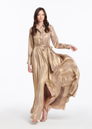 Gold Lamè Chiffon Gown With Crystal Buttons