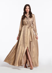 Gold Lamè Chiffon Gown With Crystal Buttons