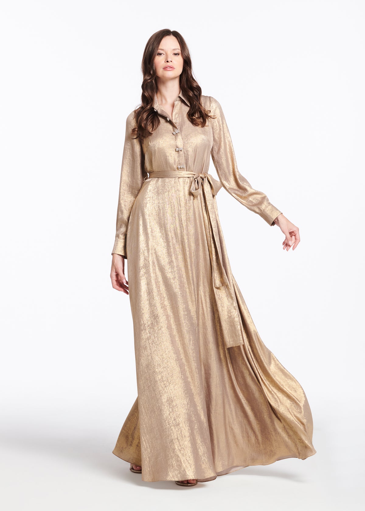 Gold Lamè Chiffon Gown With Crystal Buttons