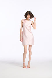 TAFFETA JEWEL NECK MINI DRESS WITH FLOWER APPLIQUE