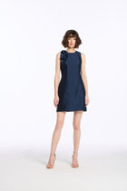 TAFFETA JEWEL NECK MINI DRESS WITH FLOWER APPLIQUE
