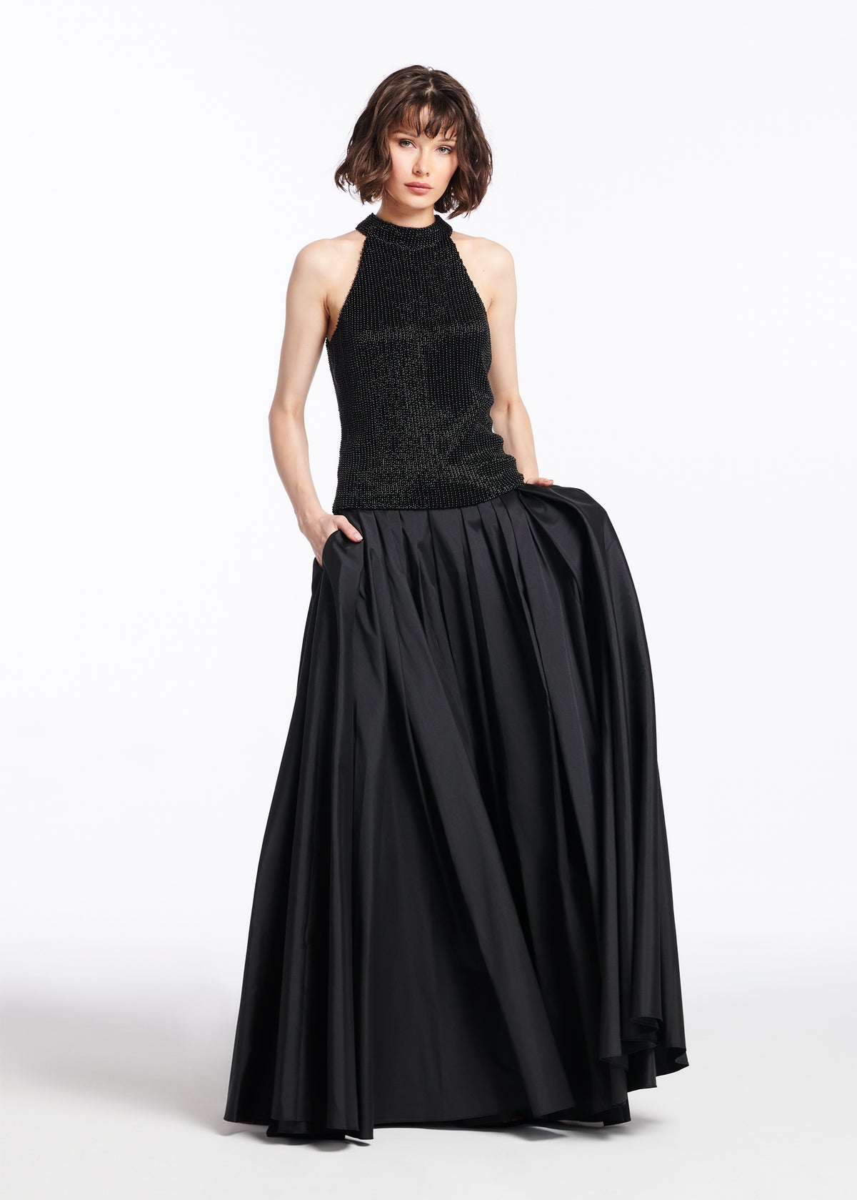 Pearl Encrusted Sleeveless Mock Neck - Black