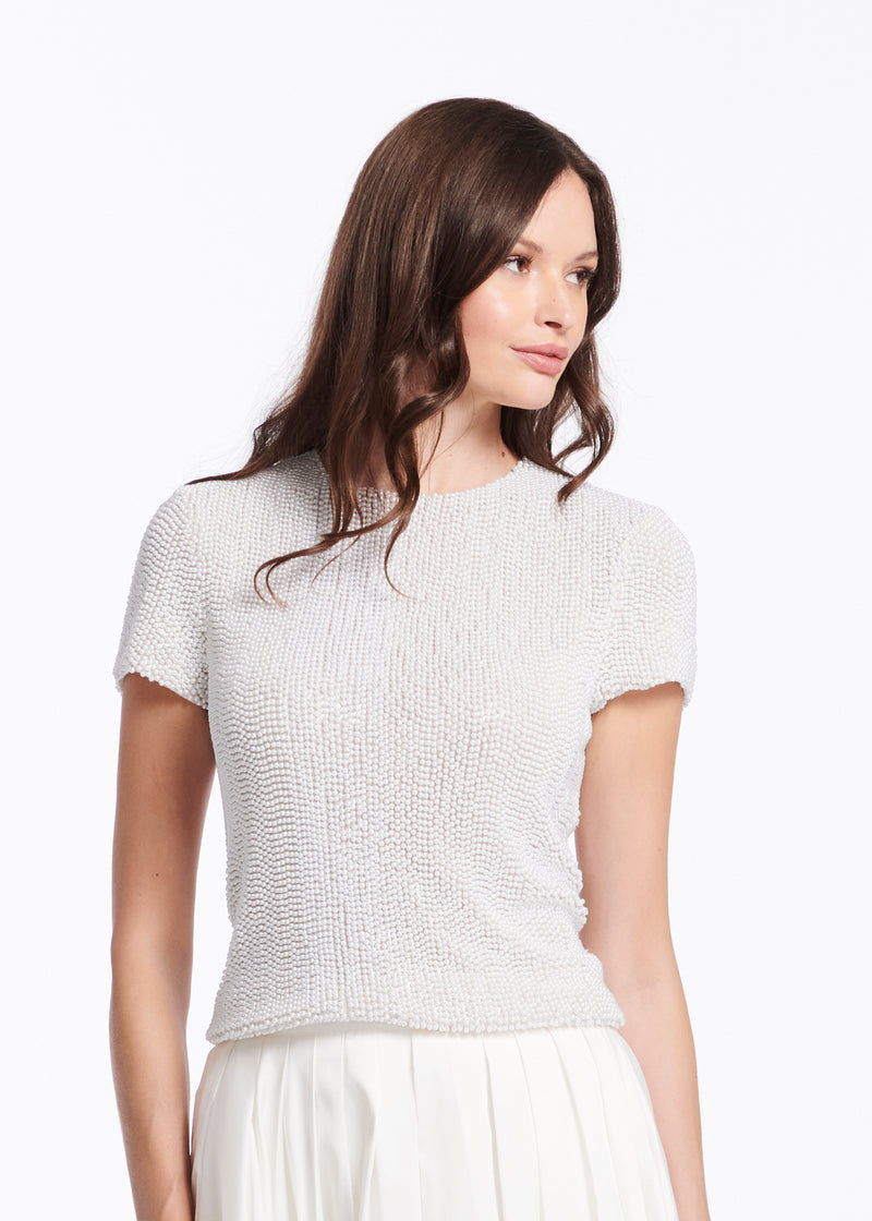 PEARL ENCRUSTED SHORT SLEEVE TEE - IVORY