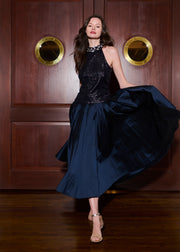 TEA LENGTH PLEATED SOFT TAFFETA MIDI SKIRT NAVY