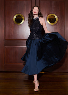 TEA LENGTH PLEATED SOFT TAFFETA MIDI SKIRT NAVY
