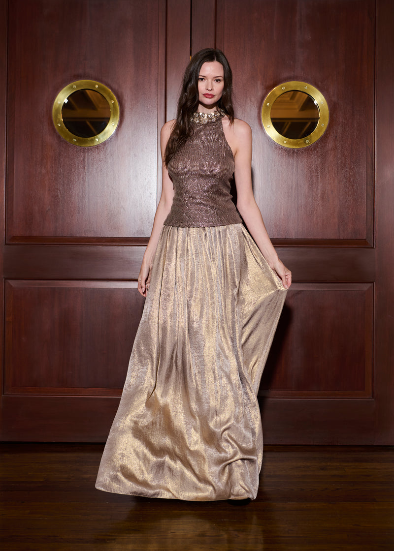 Lamé Chiffon Pleated Ballgown Skirt - Gold