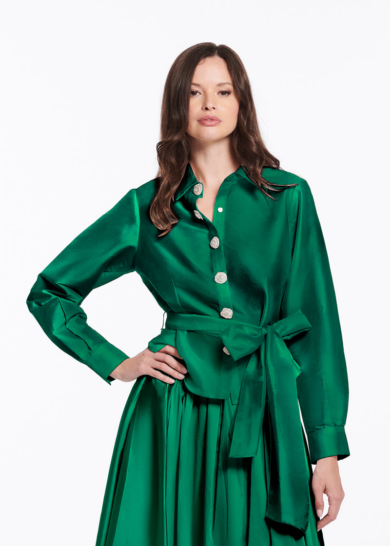 Chunky Crystal Flower Button Blouse Emerald