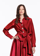 Chunky Crystal Flower Button Blouse Red