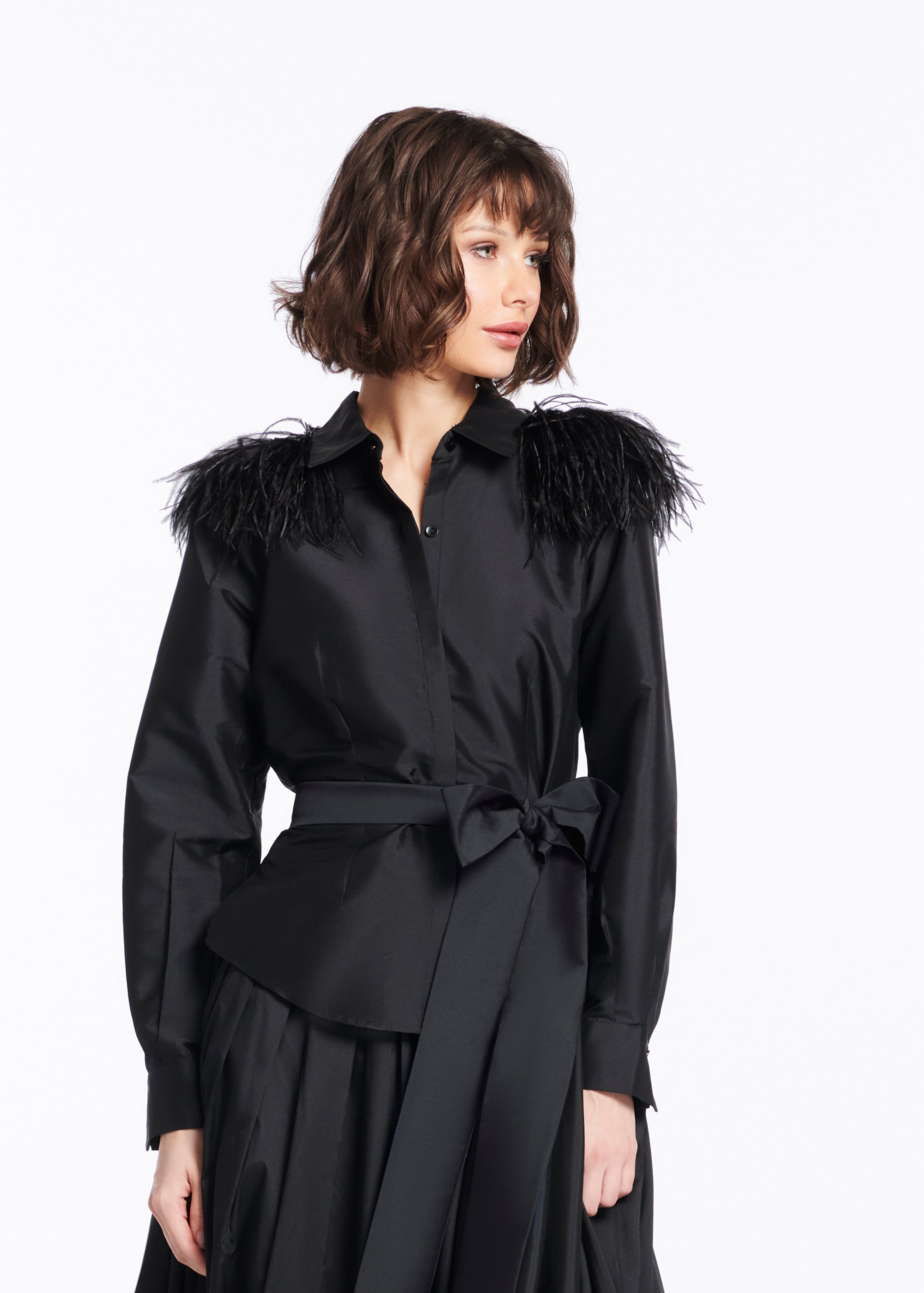 FEATHER SHOULDER BLOUSE BLACK | Emily Shalant