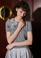 Cashmere Short Sleeve Sweater With Silk Flowers Silver