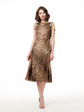 Load image into Gallery viewer, ANIMAL PRINT STRETCH SATIN COWL MIDI DRESS WITH JEWELED BOWS
