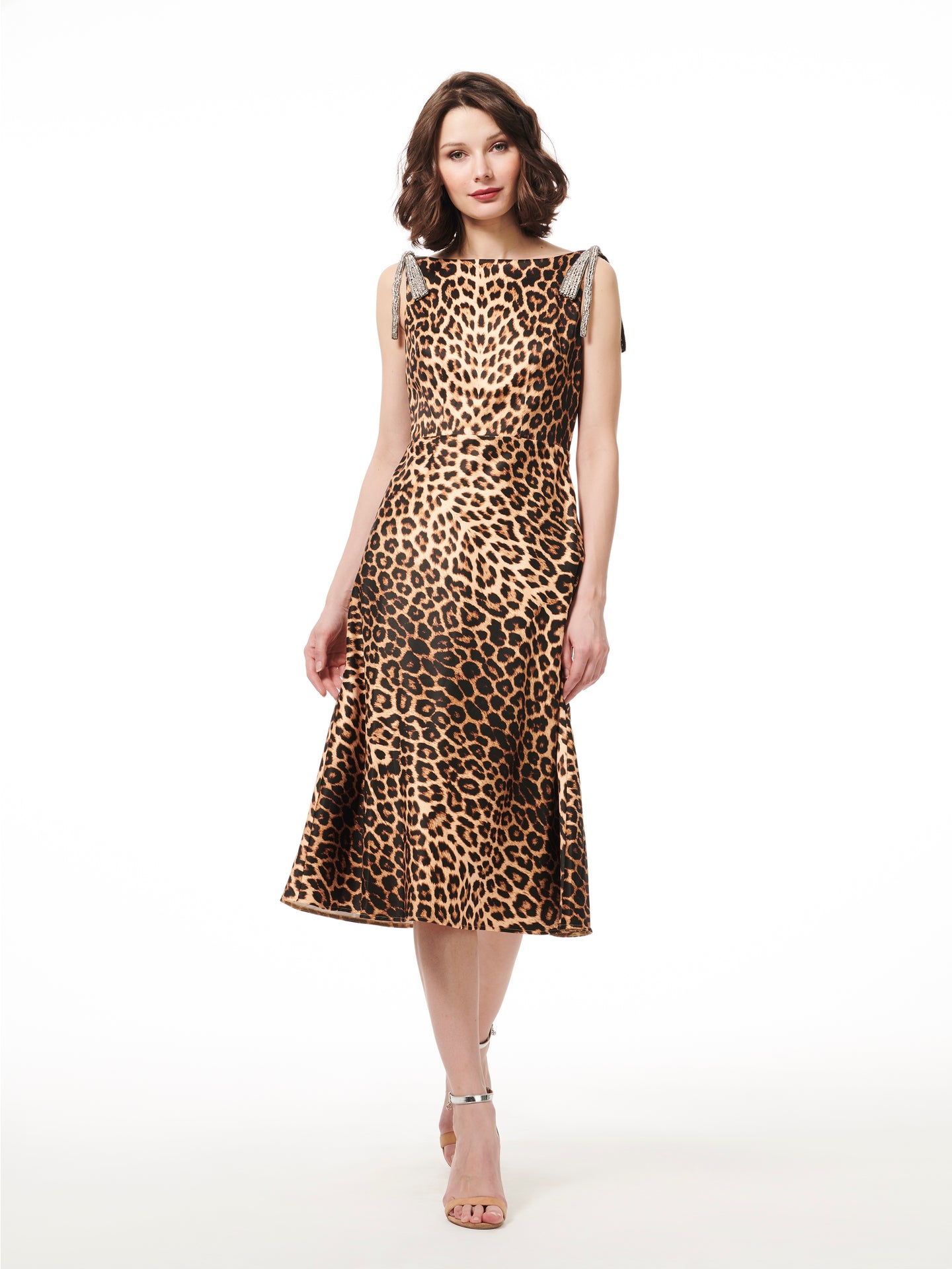 ANIMAL PRINT STRETCH SATIN COWL MIDI DRESS WITH JEWELED BOWS