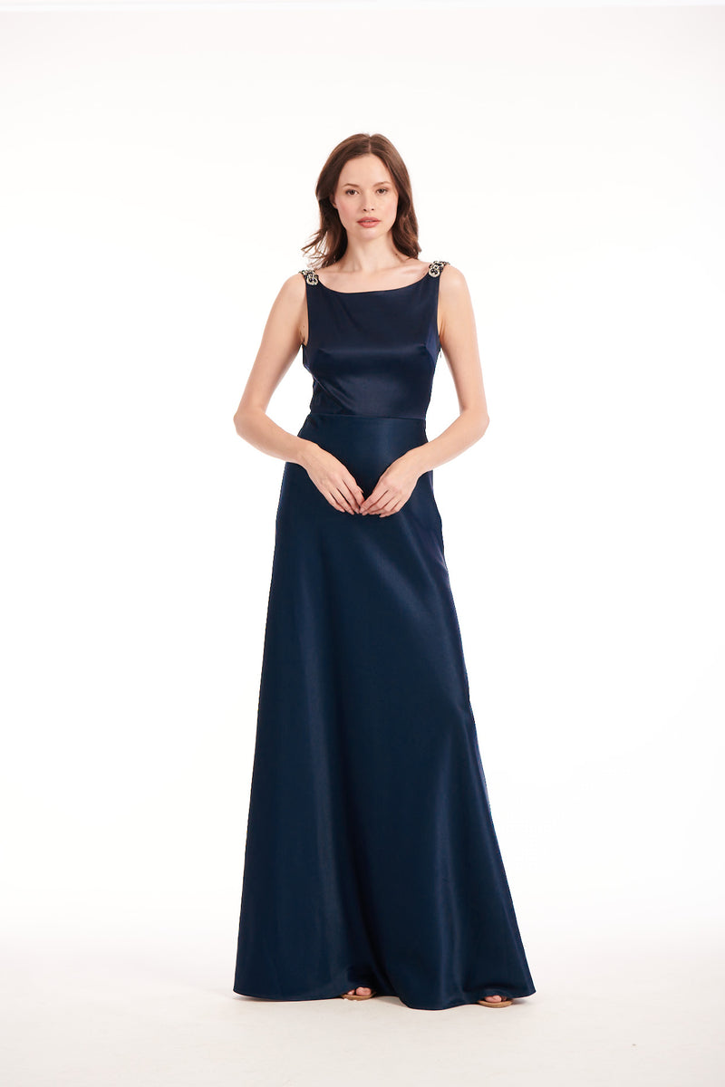 SATIN BACK COWL GOWN NAVY