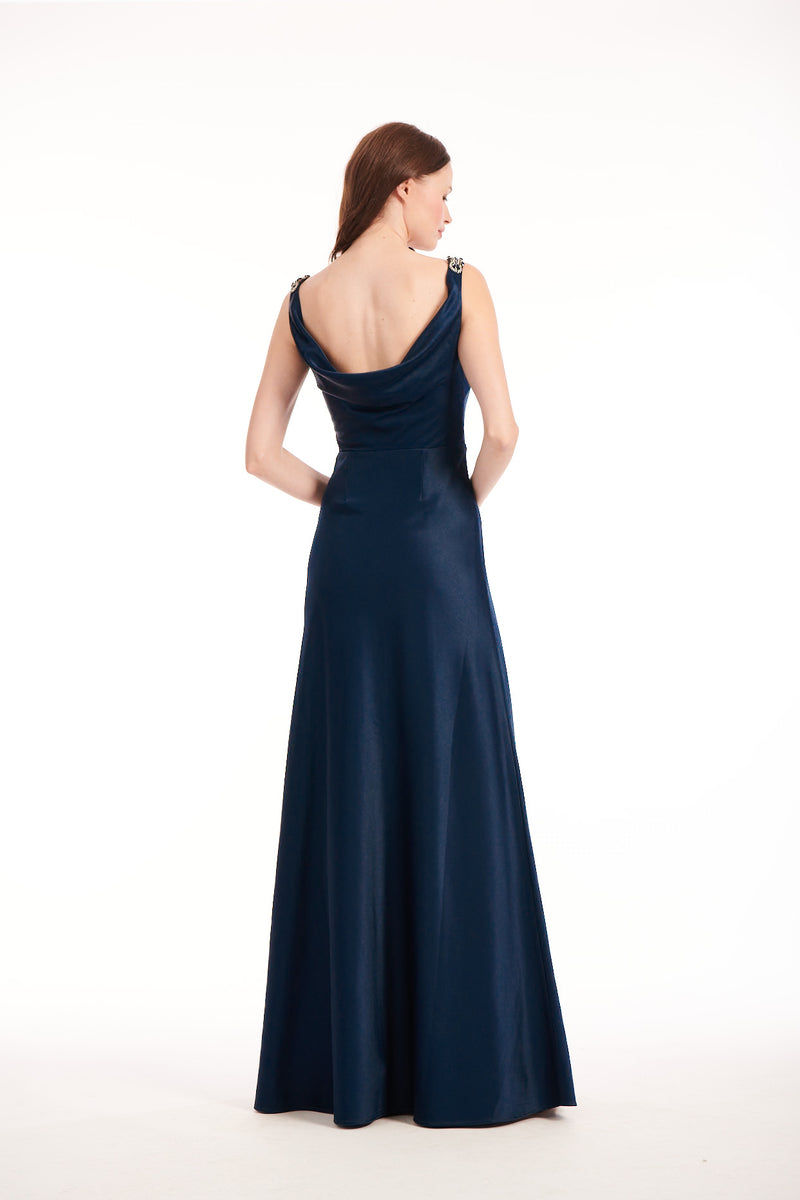SATIN BACK COWL GOWN NAVY