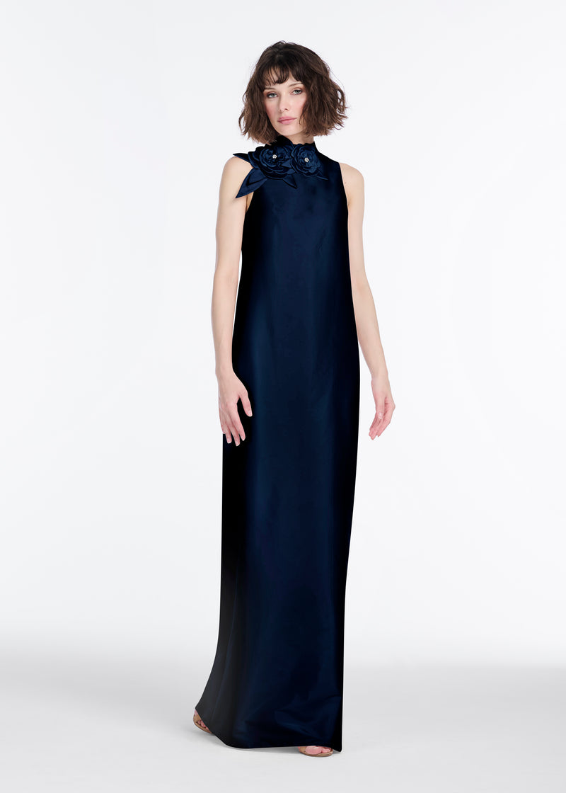 TAFFETA SLEEVELESS GOWN WITH FLOWERS NAVY