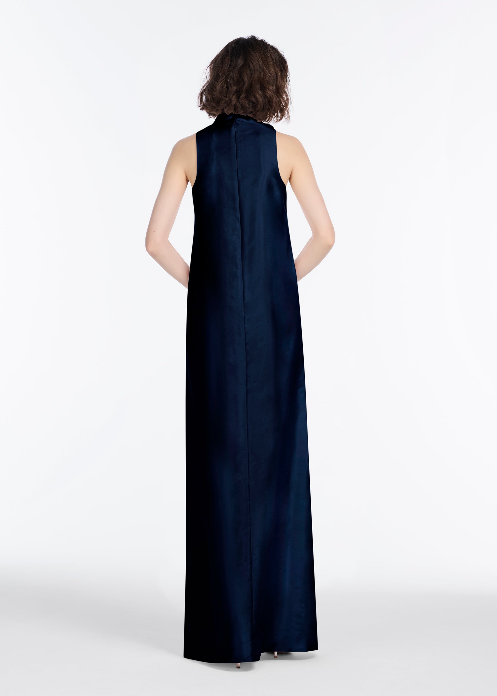TAFFETA SLEEVELESS GOWN WITH FLOWERS NAVY