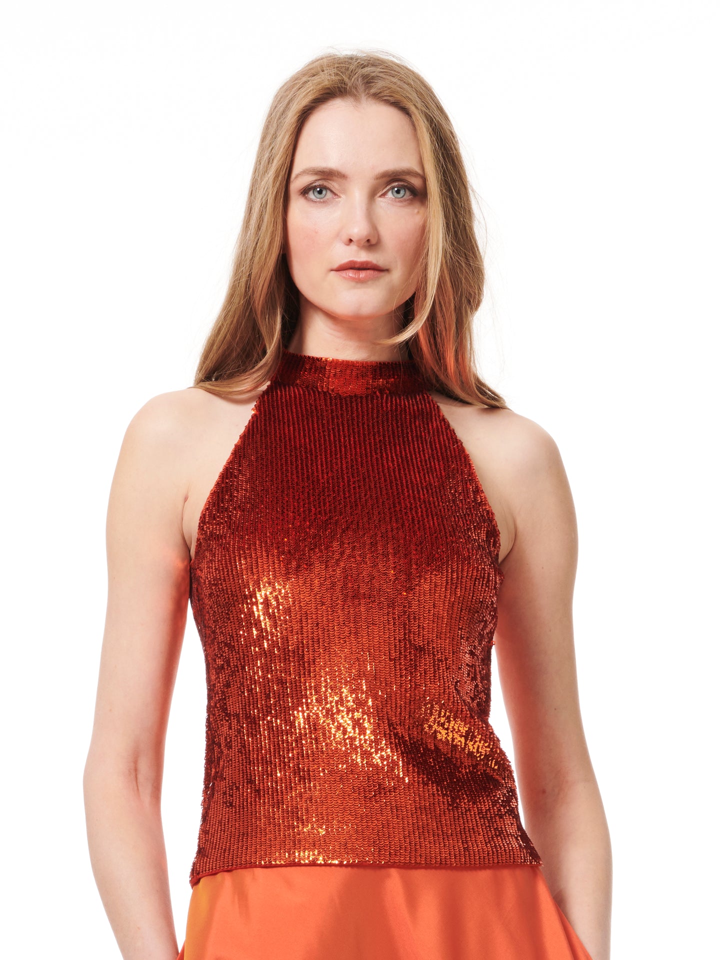 PAPRIKA SEQUIN MOCK-NECK TOP