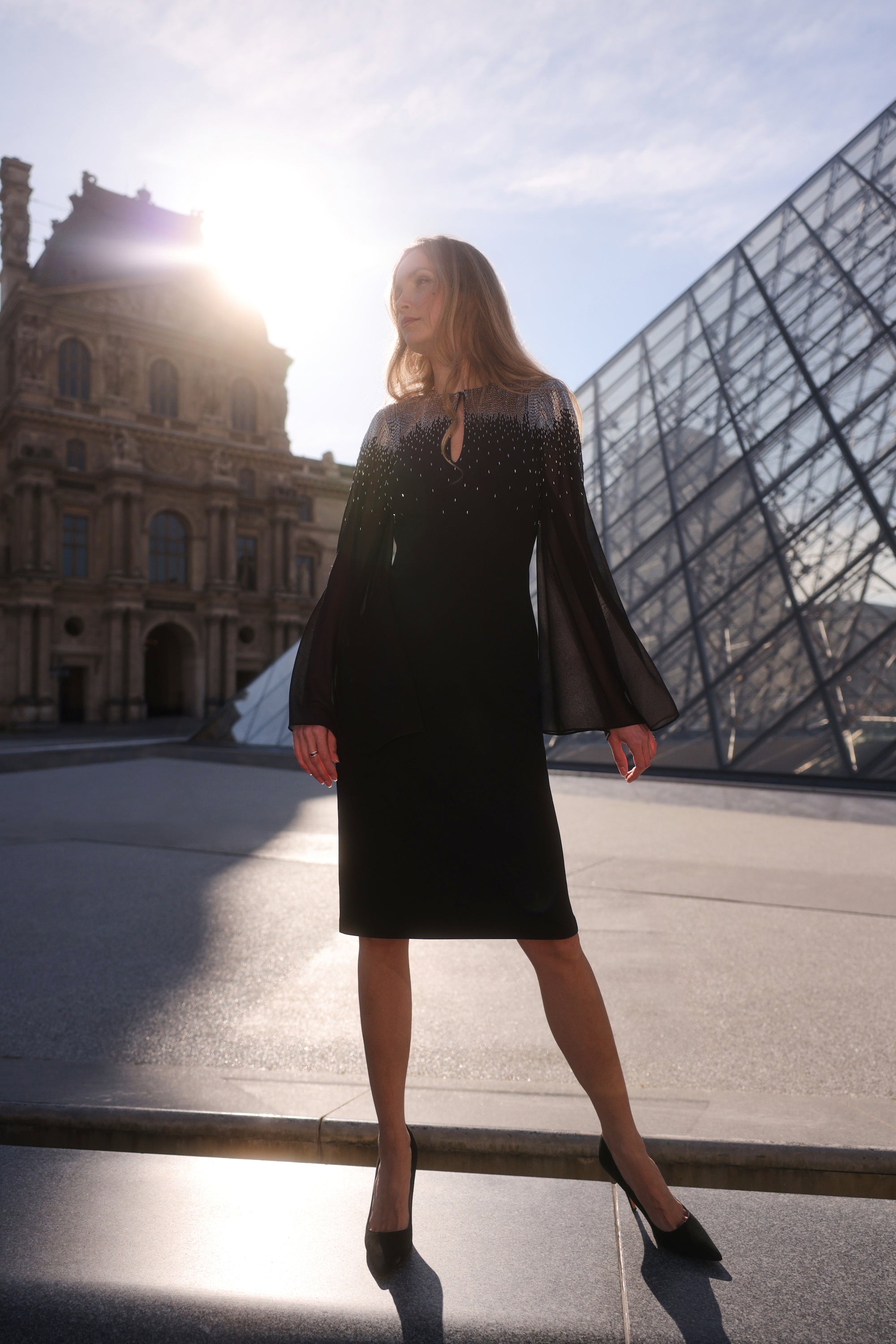 STRETCH CREPE DRESS WITH CHIFFON SLEEVES AND NIGHT SKY BEADING