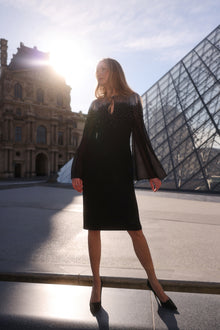 STRETCH CREPE DRESS WITH CHIFFON SLEEVES AND NIGHT SKY BEADING