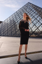 STRETCH CREPE DRESS WITH CHIFFON SLEEVES AND NIGHT SKY BEADING