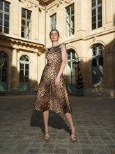 Load image into Gallery viewer, ANIMAL PRINT STRETCH SATIN COWL MIDI DRESS WITH JEWELED BOWS
