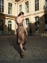 Load image into Gallery viewer, ANIMAL PRINT STRETCH SATIN COWL MIDI DRESS WITH JEWELED BOWS
