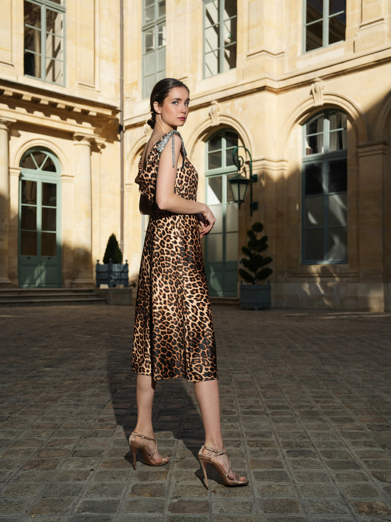 ANIMAL PRINT STRETCH SATIN COWL MIDI DRESS WITH JEWELED BOWS