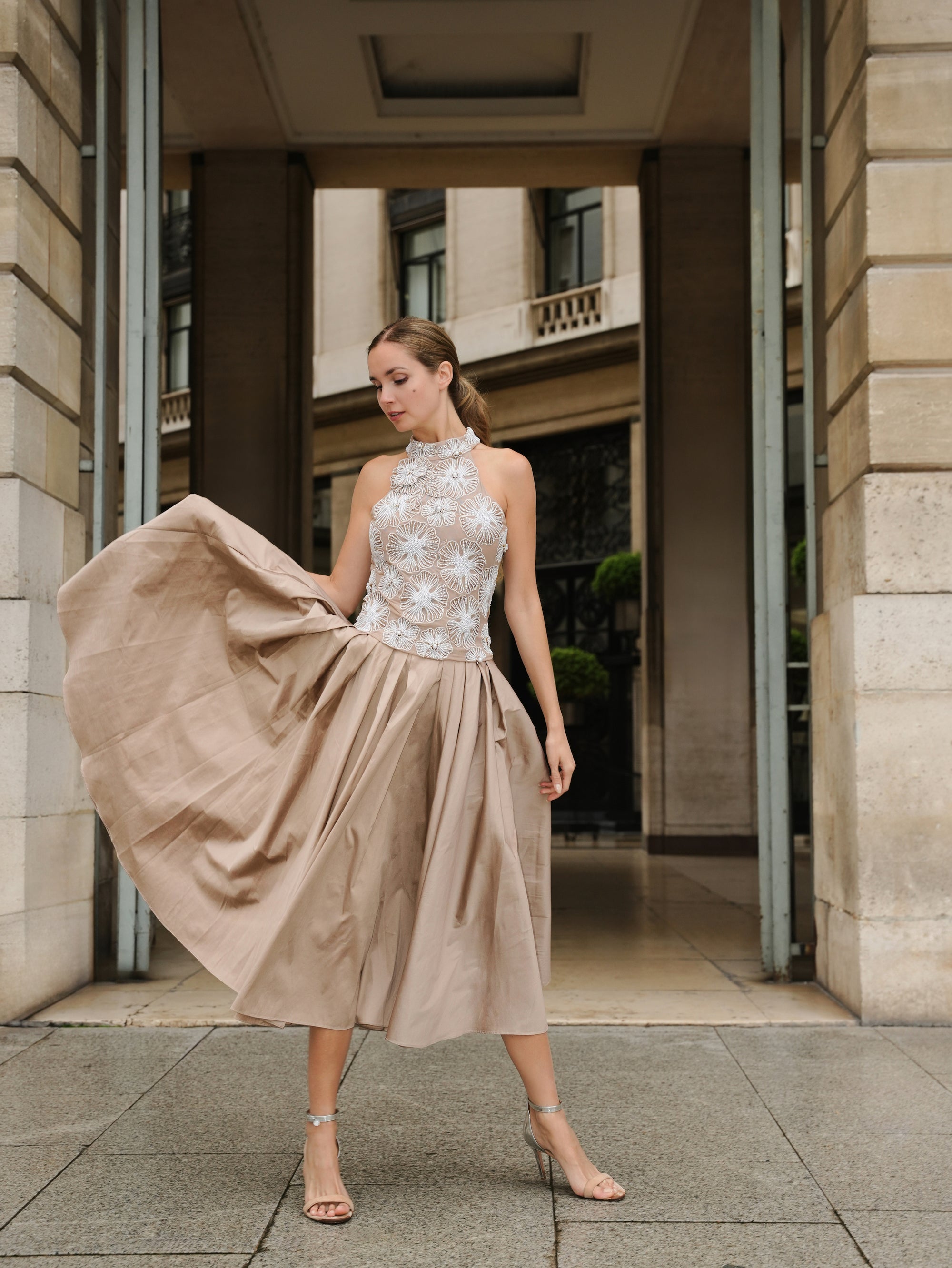 TEA LENGTH PLEATED SOFT TAFFETA MIDI SKIRT SUNTAN