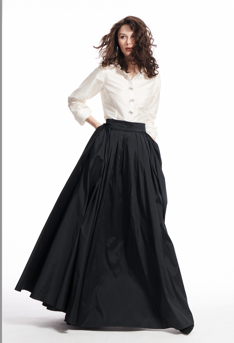 TAFFETA BLOUSE WITH CRYSTAL BOW BUTTONS AND SASH IVORY