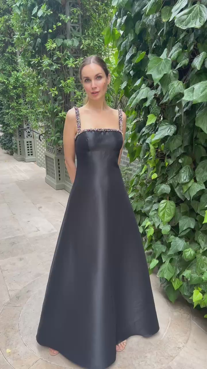 Square Neck Beaded Strap Duchess Twill Gown - 6 / Black Multi